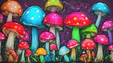 Vector Illustration Of Glowing Colorful Mushroom In Neon Background For Wallpaper, Story Book Cover Page, Poster And Banner. Cartoon Concept. Mushrooms Are Edible Fungus. National Mushroom Day