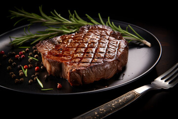 Wall Mural - Close-up fried hot juicy steak piece of meat with spices on a plate