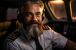 © ADDICTIVE STOCK - Generative AI illustration of experienced pilot with a beard smiling in the cockpit wearing a headset looking at camera