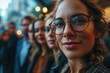 © ADDICTIVE STOCK - Generative AI image of a smiling woman in glasses with crowd