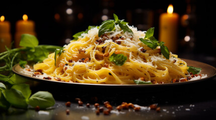 Italian pasta with white sauce basil and parmesan cheese