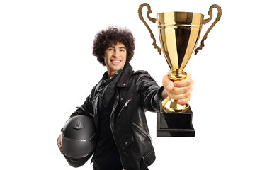 Sticker - Guy in a black leather jacket holding a helmet and a gold tropy cup