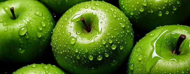 Wall Mural - Fresh green apples fruit, with water drops over it, closeup macro detail. Generative AI