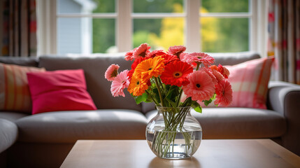 Wall Mural - beautiful colorful gerbera flowers in vase on white table in living room