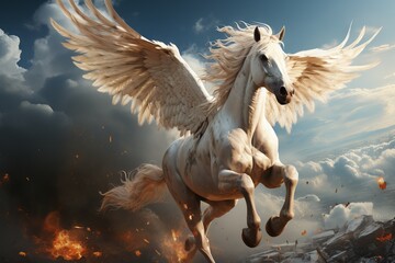 Wall Mural - A white pegasus with luxurious spread wings in flight against a background of blue sky and white clouds. Concept: mythical animal