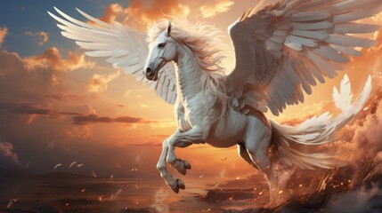 Wall Mural - A magical pegasus with snow-white wings soars into the sky against the backdrop of a breathtaking sunset with bright red and golden clouds. Mythical horse
