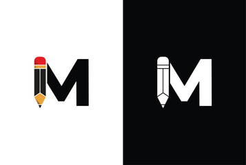 Letter M Pencil Logo Design. Letter M Pencil Vector Icon Graphic Illustration Background Template.