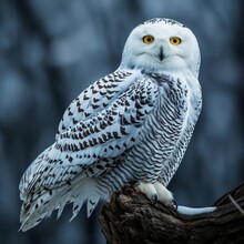A Snow Owl Perched On A Log In Wintery Forest