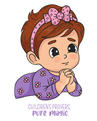 Sticker - Cute praying little girl. Religious believer child character. Vector illustration. Kids collection.