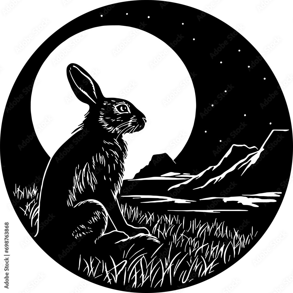Moon Hare vector design, night meadow with wildflowers black silhouette ...