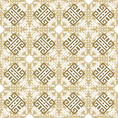 Wall Mural - Floral vintage ancient greek style golden seamless pattern. Ornamental trendy colorful vector background. Beautiful geometric ornaments. Greek key meanders. Repeat ornate backdrop. Endless texture