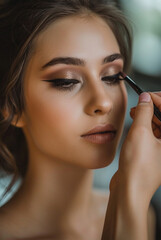 beautiful young woman receiving makeup from a professional makeup artist applying eye shadow to her in a beauty salon.