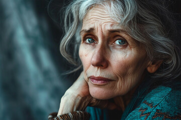 Wall Mural - portrait of a gray-haired eighty-year-old beautiful woman looking sadly at the camera, beautiful old age 