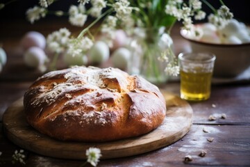 Wall Mural - Close-up view of Tsoureki, the customary Greek Easter bread, displayed on a table adorned with gracefully arranged olive branches and fresh spring blooms