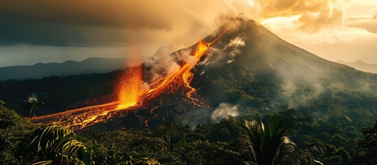 Wall Mural - Volcanic eruption in Costa Rica, surrounded by rainforest.