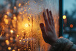 A person holding their hand out of a window covered in rain. Suitable for illustrating concepts of longing, connection, and hope in challenging times