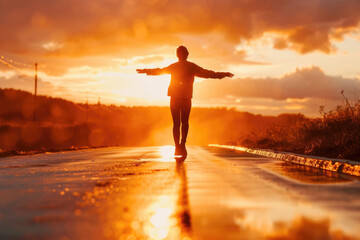 Canvas Print - A person standing on a wet road at sunset. This image can be used to depict solitude, reflection, or a peaceful evening scene