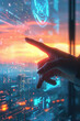 © Fotograf - A person is pointing at a digital screen with a city in the background. This image can be used to represent technology, communication, or urban lifestyle