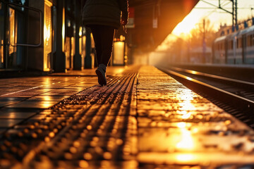 Poster - A person is seen walking on a train platform during a beautiful sunset. This image can be used to depict travel, commuting, or the end of a journey