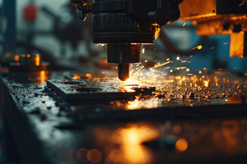 Wall Mural - A close-up image of a machine emitting sparks. This picture can be used to illustrate industrial processes or to represent innovation and technology