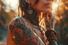 A Woman With Tattoos And Piercings On Her Chest. Can Be Used To Portray Alternative Fashion Or Body Modification