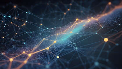 Big data technology and data science illustration. Data flow concept. Querying, analysing, visualizing complex information. Neural network for artificial intelligence. Data mining. Business analytics.