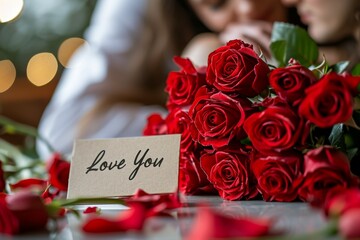 Wall Mural - Note Love You in a romantic atmosphere with roses. Background with selective focus and copy space