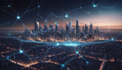 Wall Mural - Modern city with wireless network connection and city scape concept.Wireless network and Connection technology concept with city background at night.