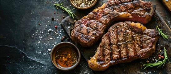 Wall Mural - Grilled ribeye steak with seasoning. Flat lay with room for text.