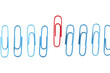 Row of blue paperclips with one unique red one standing out from the others