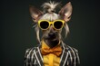 Portrait of a dog with a fashionable haircut wears sunglasses, stripped jacket and yellow shirt