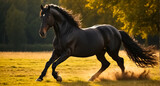 Fototapeta Konie - Beautiful dark horse runs in nature