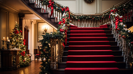 Christmas at the manor, grand entrance hall with staircase and Christmas tree, English countryside decoration and interior decor