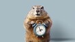 Groundhog with an alarm clock. Poster with funny animals. Good morning. Groundhog Day. Time to study, work, take an exam, interview, meeting, business. The groundhog woke up, weather forecast.