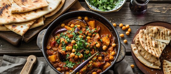 Lebanese vegetarian stew with eggplant, chickpeas, and pita bread in a modern design pot.