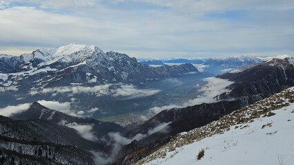 Snow capped mountains in the Alps. Piani Di Bobbio, Barzio, Lecco, Italy. Grigna Settentrionale Lake Como