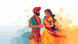 copy space, attractive vector illustration, even colors, an indian man and indian woman celebrating holi festival. illustration of the holi festival in India. Group of smiling people, colored smiling