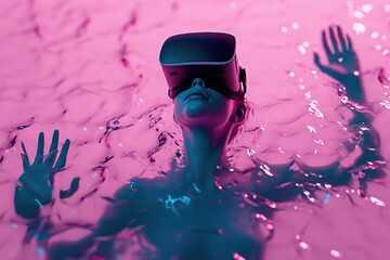 Wall Mural - A girl in pink lights underwater wearing virtual reality goggles puts her hands up in the air