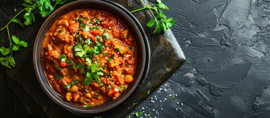 Wall Mural - Top view of Indian vegetarian Asian food - Veg Kolhapuri curry dish served in a black bowl on a dark slate tabletop.