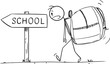 Schoolboy or Kid with Heavy School Bag or backpack, Vector Cartoon Stick Figure Illustration