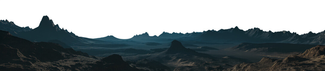 panoramic wide angle view of a vast landscape at night or dusk - mountain range - sharp jagged rocks - vast arid rocky landscape - alien planet surface - desert landscape at twilight - pen tool cutout