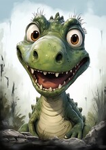 Cartoon Illustration Smiling Green Dinosaur Big Smile Eyes Pupils Swamp Young Child Pet Animal Fjord