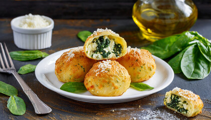 dough balls filled with cheese and spinach on a plate