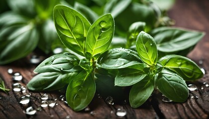 Poster - Herbal garden freshness - basil, oregano, rosemary with dew drops, vibrant green leaves, culinary sections, macro texture