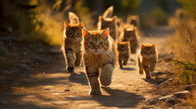 A Group Of Cats Walking Down A Dirt Road