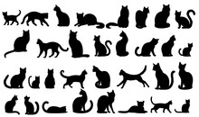 Vector Illustration. Silhouettes Of Black Cats. Set Of Animal Stickers. Large Set.