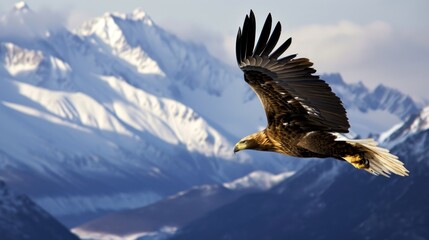  A majestic eagle soaring above a snow-capped mountain range.