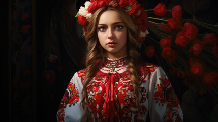 Wall Mural - person wearing a traditional Russian Sarafan, showcasing floral patterns generative ai