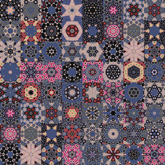 Poster - Floral geometric mandala shapes, vintage style seamless pattern background.