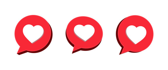 Leinwandbilder - 3d Like and love icon button. heart flat icon in modern 3d speech bubble shapes , Social media notification icons. emoji post reactions set. Vector illustration